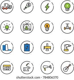 line vector icon set - fork loader vector, money torch, lightning, idea, bulb, tv news, business, gyroscope, water power plant, battery, milling cutter, drill, generator, welding, dryer, guitar