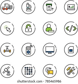 line vector icon set - fork loader vector, lab, atm, account statistics, cursor, unlocked, user password, tag code, gyroscope, music player, monitor, sim, satellite, circuit, machine tool