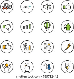 line vector icon set - fork loader vector, push ups, volume max, like, dislike, arrows up, air balloon, arrow, finger, career, opportunity, growth, success, victory, down, winch