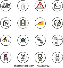 line vector icon set - fork loader vector, vial, traffic light road sign, opened mail, history, clipboard, stairs, volleyball, tent, fingerprint scanner, link, laser lever, pyramid toy, bear