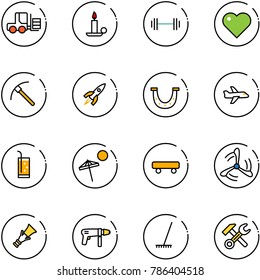 line vector icon set - fork loader vector, candle, barbell, heart, rock axe, rocket, luck, plane, drink, beach, skateboard, wind mill, dowel, drill machine, rake, wrench hammer