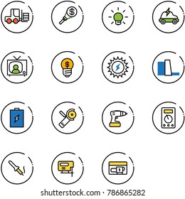 line vector icon set - fork loader vector, money torch, bulb, electric car, tv news, business idea, sun power, water plant, battery, Angular grinder, drill, multimeter, soldering iron, jig saw