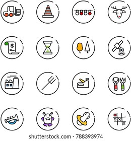 line vector icon set - fork loader vector, road cone, garland, christmas deer, account history, sand clock, forest, satellite, plant, farm, stapler, shovel toy, horn, monster, soother, Tic tac toe