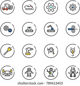 line vector icon set - fork loader vector, snowmobile, heart gear, conveyor, steel rolling, wood drill, cocncrete mixer, winch, sharpening, robot