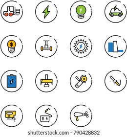 line vector icon set - fork loader vector, lightning, idea, electric car, business, gyroscope, sun power, water plant, battery, milling cutter, Angular grinder, soldering iron, jig saw, welding