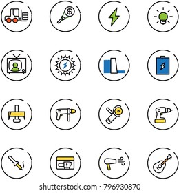 line vector icon set - fork loader vector, money torch, lightning, bulb, tv news, sun power, water plant, battery, milling cutter, drill machine, Angular grinder, soldering iron, generator, dryer