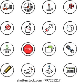 line vector icon set - fork loader vector, radar, candle, lollipop, champagne, eggs, bank, stop road sign, folder, link, pencil, duck toy, wirligig, piano