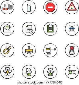 line vector icon set - fork loader vector, vial, no way road sign, traffic light, opened mail, history, clipboard, fingerprint scanner, side cutters, milling cutter, laser lever, pyramid toy, bear