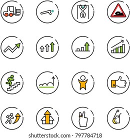 line vector icon set - fork loader vector, push ups, pull, climb road sign, growth arrow, arrows up, career, success, finger, victory, winch