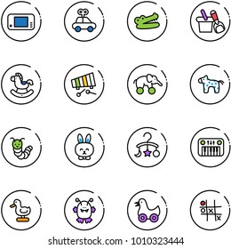 line vector icon set - game console vector, car toy, crocodile, shovel bucket, rocking horse, xylophone, elephant wheel, caterpillar, rabbit, baby carousel, piano, duck, monster, Tic tac toe