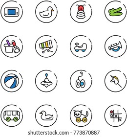 line vector icon set - game console vector, duck toy, pyramid, crocodile, shovel bucket, xylophone, baby car, horn, beach ball, wirligig, yoyo, unicorn stick, bus, cat, Tic tac toe
