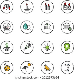 line vector icon set - garland vector, candle, snowball house, blood test, bank, account, money torch, bulb, head, moon flag, beach, watermelone, bezier