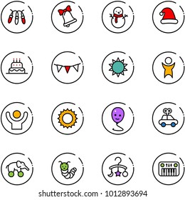 line vector icon set - garland vector, bell, snowman, christmas hat, cake, flag, sun, success, balloon smile, car toy, elephant wheel, caterpillar, baby carousel, piano