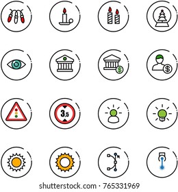 line vector icon set - garland vector, candle, snowball tree, eye, bank, account, traffic light road sign, limited height, idea, bulb, sun, bezier, laser