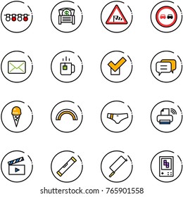 line vector icon set - garland vector, money chest, side wind road sign, no overtake, mail, green tea, check, dialog, ice cream, rainbow, swimsuit, printer wireless, movie flap, level, metal hacksaw