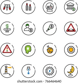 line vector icon set - garland vector, candle, snowball house, account, bank, money torch, drawbridge road sign, traffic light, head bulb, moon flag, sun, lighthouse, laser, power, lamp