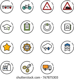 line vector icon set - garland vector, bike, turn left road sign, climb, graduate hat, clipboard, standby, contact book, star medal, hand wheel, cloud exchange data, chevron, plant, scissors