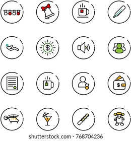line vector icon set - garland vector, bell, tea, thermometer, abdominal muscles, dollar sun, volume medium, group, agreement, green, winner, finance management, helicopter, drink, drill, doll
