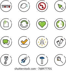line vector icon set - garland vector, lemon, no left turn road sign, cursor, attachment, refresh, heart, globe, dialog, check, star man, feet, piston, rocket, hammer, horse stick toy