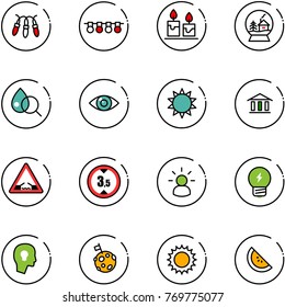 line vector icon set - garland vector, candle, snowball house, blood test, eye, sun, bank, drawbridge road sign, limited height, idea, head bulb, moon flag, watermelone