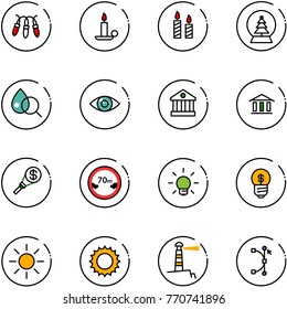 line vector icon set - garland vector, candle, snowball tree, blood test, eye, bank, money torch, limited distance road sign, bulb, business idea, sun, lighthouse, bezier