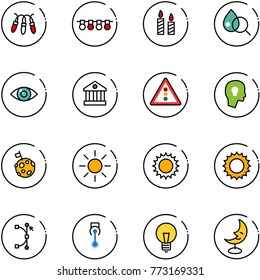 line vector icon set - garland vector, candle, blood test, eye, bank, traffic light road sign, head bulb, moon flag, sun, bezier, laser, lamp