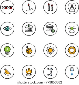 line vector icon set - garland vector, candle, snowball tree, eye, bank, account, idea, moon flag, sun, watermelone, fire, bezier, laser