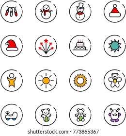 line vector icon set - garland vector, snowman, christmas hat, firework, cake, sun, success, bear toy, baby car, monster