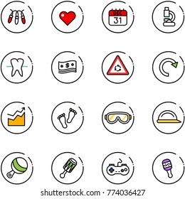line vector icon set - garland vector, heart, 31 dec calendar, lab, tooth, cash, round motion road sign, redo, growth, feet, protective glasses, construction helmet, beanbag, gamepad