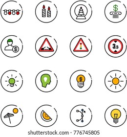 line vector icon set - garland vector, candle, snowball tree, bank, account, drawbridge road sign, traffic light, limited height, bulb, head, business idea, sun, beach, watermelone, bezier