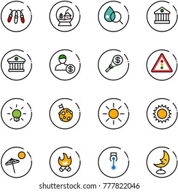 line vector icon set - garland vector, snowball house, blood test, bank, account, money torch, traffic light road sign, bulb, moon flag, sun, beach, fire, laser, lamp