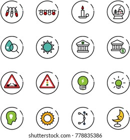 line vector icon set - garland vector, candle, snowball house, blood test, sun, bank, account, drawbridge road sign, traffic light, idea, bulb, head, bezier, moon lamp