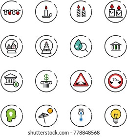 line vector icon set - garland vector, candle, snowball house, tree, blood test, bank, account, drawbridge road sign, limited distance, head bulb, beach, laser