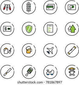 line vector icon set - garland vector, spica, credit card, shield, document, arrow up, bucket scoop, beer, plane, level, rasp, beanbag, baby car, doll