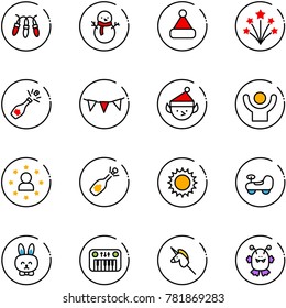 line vector icon set - garland vector, snowman, christmas hat, firework, champagne, flag, elf, success, star man, fizz opening, sun, baby car, toy rabbit, piano, unicorn stick, monster