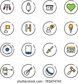 line vector icon set - garland vector, drop counter, receipt, heart, flag, agreement, money dialog, ice cream, cd, mobile phone, clinch, generator, laser lever, guitar, ball, toy hammer