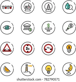 line vector icon set - garland vector, snowball house, tree, blood test, eye, account, bank, money torch, drawbridge road sign, limited height, distance, business idea, watermelone, lighthouse, bulb