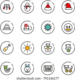 line vector icon set - garland vector, snowman, christmas hat, cake, sleigh gift, sun, money smile, fizz opening, bear toy, caterpillar, rabbit, piano, cat