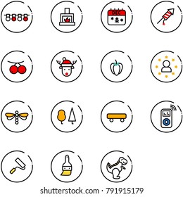line vector icon set - garland vector, fireplace, christmas calendar, firework rocket, rowanberry, deer hat, sweet pepper, star man, dragonfly, forest, skateboard, music player, paint roller, brush