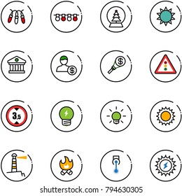 line vector icon set - garland vector, snowball tree, sun, bank, account, money torch, traffic light road sign, limited height, idea, bulb, lighthouse, fire, laser, power