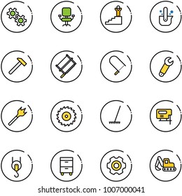 line vector icon set - gear vector, office chair, success, casting of steel, hammer, bucksaw, fretsaw, wrench, wood drill, saw disk, rake, jig, winch, tool cabinet, excavator toy