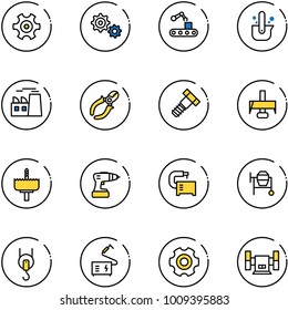 line vector icon set - gear vector, conveyor, casting of steel, plant, side cutters, bolt, milling cutter, crown drill, machine tool, cocncrete mixer, winch, welding, sharpening
