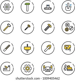 line vector icon set - gear vector, work, conveyor, casting of steel, sledgehammer, screw, rivet, drill, crown, tile, jig saw, stapler, sharpening, excavator toy