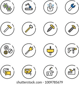 line vector icon set - gear vector, conveyor, casting of steel, wrench, hammer, sledgehammer, screw, rivet, wood drill, crown, machine, tool, jig saw, welding, stapler