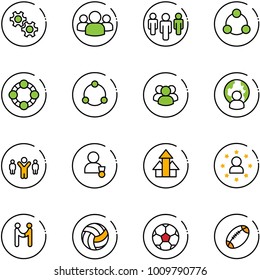 line vector icon set - gear vector, group, social, friends, community, man globe, team leader, winner, arrows up, star, agreement, volleyball, soccer ball, football