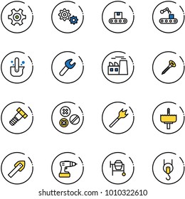 line vector icon set - gear vector, conveyor, casting of steel, wrench, plant, screw, bolt, rivet, wood drill, crown, tile, cocncrete mixer, winch