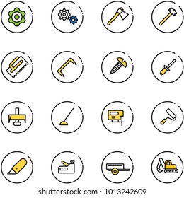 line vector icon set - gear vector, axe, sledgehammer, trowel, staple, screw, clinch, milling cutter, hoe, jig saw, paint roller, work knife, stapler, trailer, excavator toy