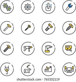 line vector icon set - gear vector, casting of steel, wrench, hammer, screw, bolt, drill machine, jig saw, winch, welding, stapler, sharpening