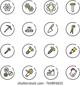 line vector icon set - gear vector, globe, work, job, conveyor, trowel, plumber, screw, bolt, dowel, rivet, Angular grinder, stapler, chicken toy