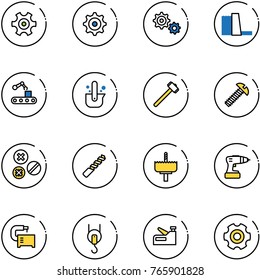 line vector icon set - gear vector, water power plant, conveyor, casting of steel, sledgehammer, screw, rivet, drill, crown, machine tool, winch, stapler